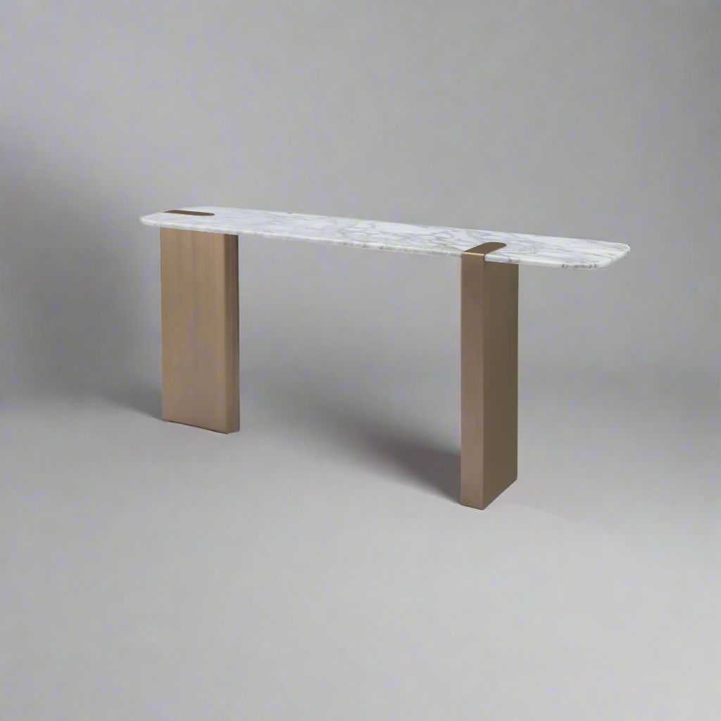 Modern console table with marble top and metal legs on a white background